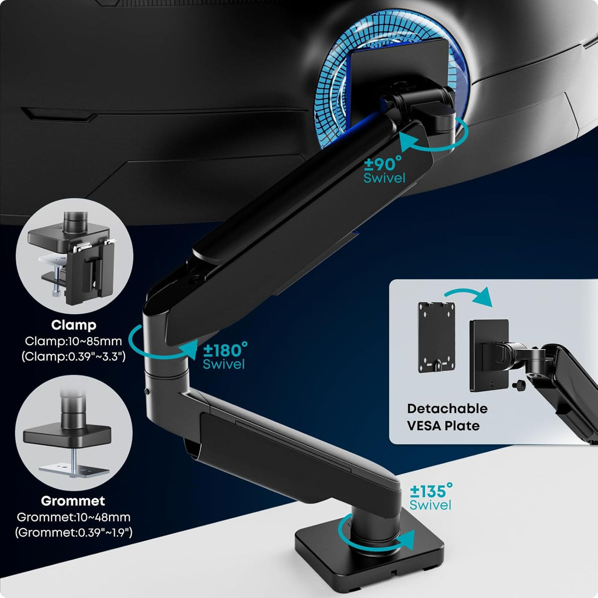 Heavy Duty Monitor-Arm for 17"-49" Ultrawide - Aluminum Full Motion Single Monitor Arm Desk Mount for Office & Gaming, Adjustable Gas Spring, Ergonomic, VESA 75/100 mm, Max Load 44lbs, Black