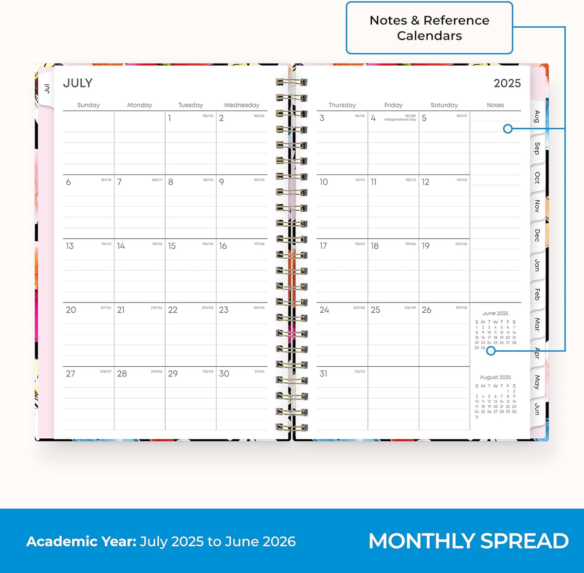 Blue Sky 2025-2026 Weekly and Monthly Academic Year Planner Calendar, July 2025 - June 2026, 5" x 8", Hard Cover, Wirebound, Storage Pocket, Laminated Tabs, Stickers