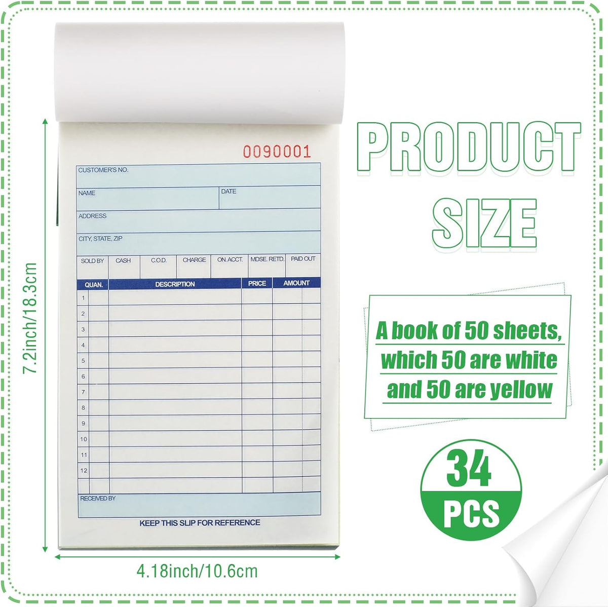 Lincia 34 Pads Sales Order Books 2 Part Carbonless (White/Canary Yellow) Receipt with Carbon Copies Cover Receipt Form Invoice 50 Sets Per Book (4.18 x 7.2 Inch/ 10.6 x 18.3 Cm)