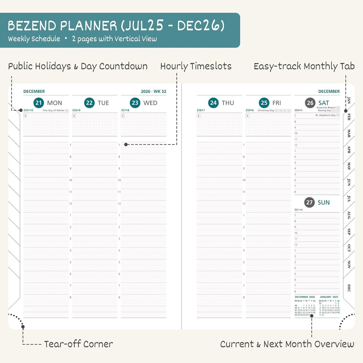 BEZEND Planner 2025-2026 Weekly and Monthly, 5.8" x 8.5" Academic Calendar (Jul 25-Dec 26) Vertical Daily Appointment with Hourly Timeslot & Monthly Tab, PU Leather Hardcover - Dark Green