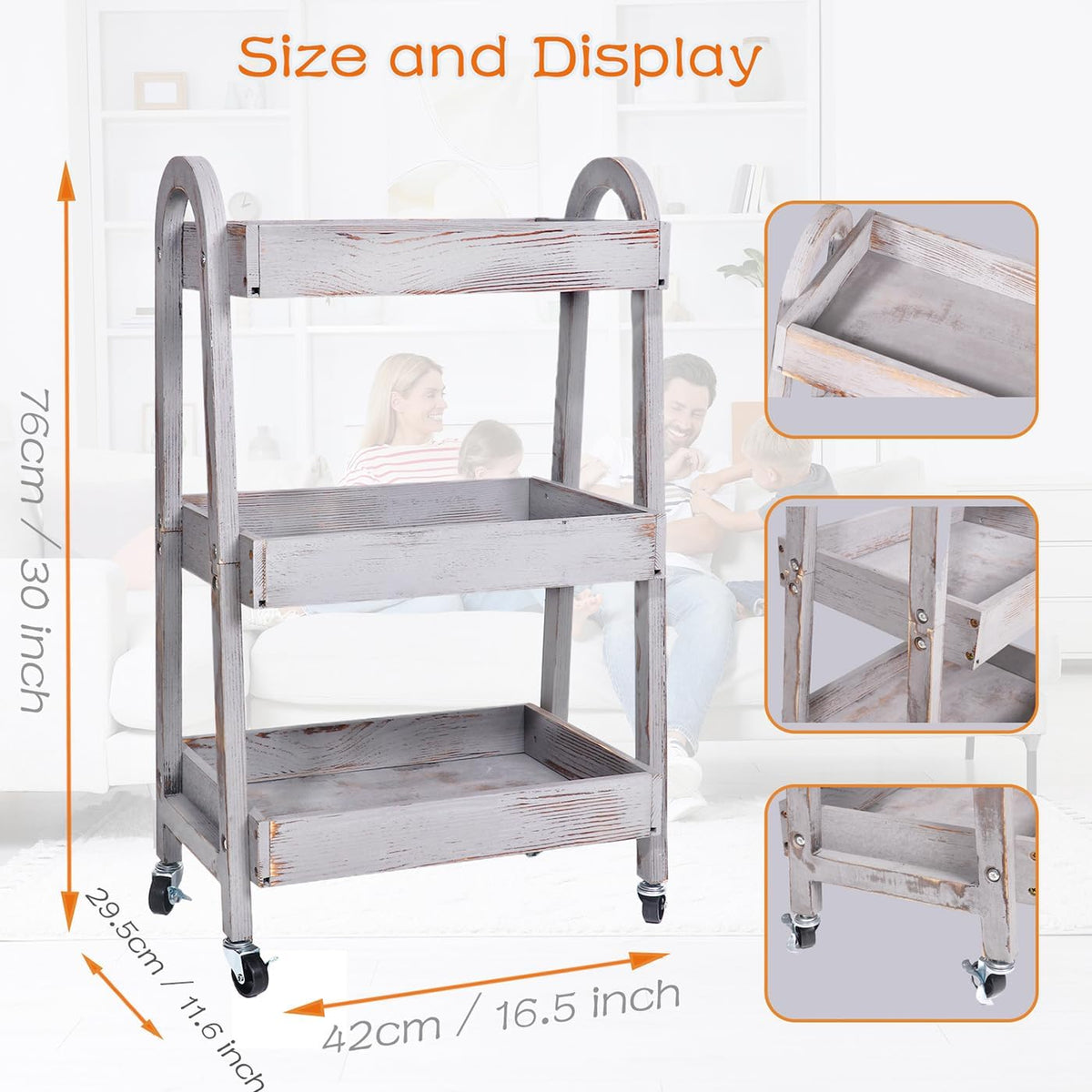 3-Tier Rolling Utility Cart with Lockable Wheels Storage Slim Storage Heavy Duty Cart Mobile Shelving Unit Craft Narrow Organizer for Bathroom Laundry Kitchen (Vintage Grey)