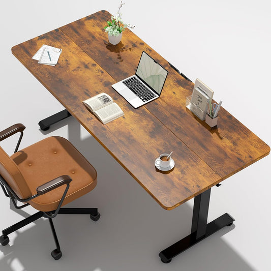 Veken 55 Inch, Height Adjustable Sit Stand Up, Wood Desktop, Work Home Office Computer PC Table, Tall Standup Workstation, Gaming Writing Study Bedroom Rising Desks, Brown