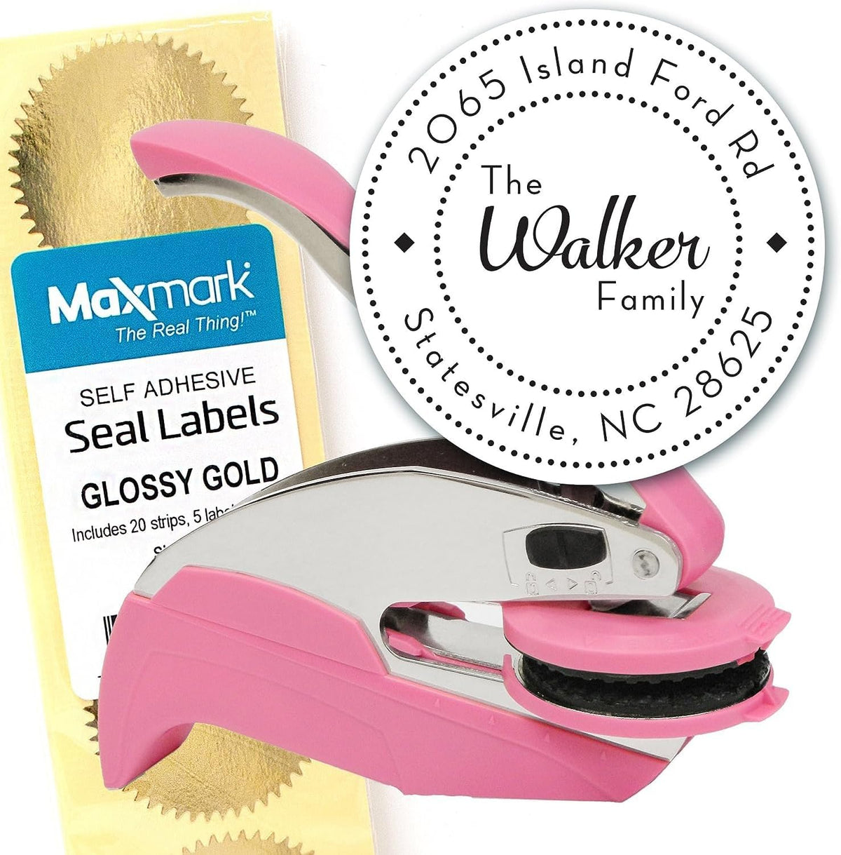Custom Monogram Address Embosser - Personalized Round Seal with 50 Gold Seal Labels - Style EM023