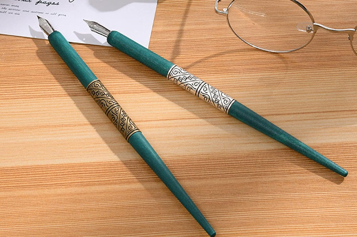 Gullor Wooden Dip Pen Calligraphy Set with Black Ink & 6 Nibs for Beginners, Kids, Writing, Signatures and Drawing, Ancient Silver