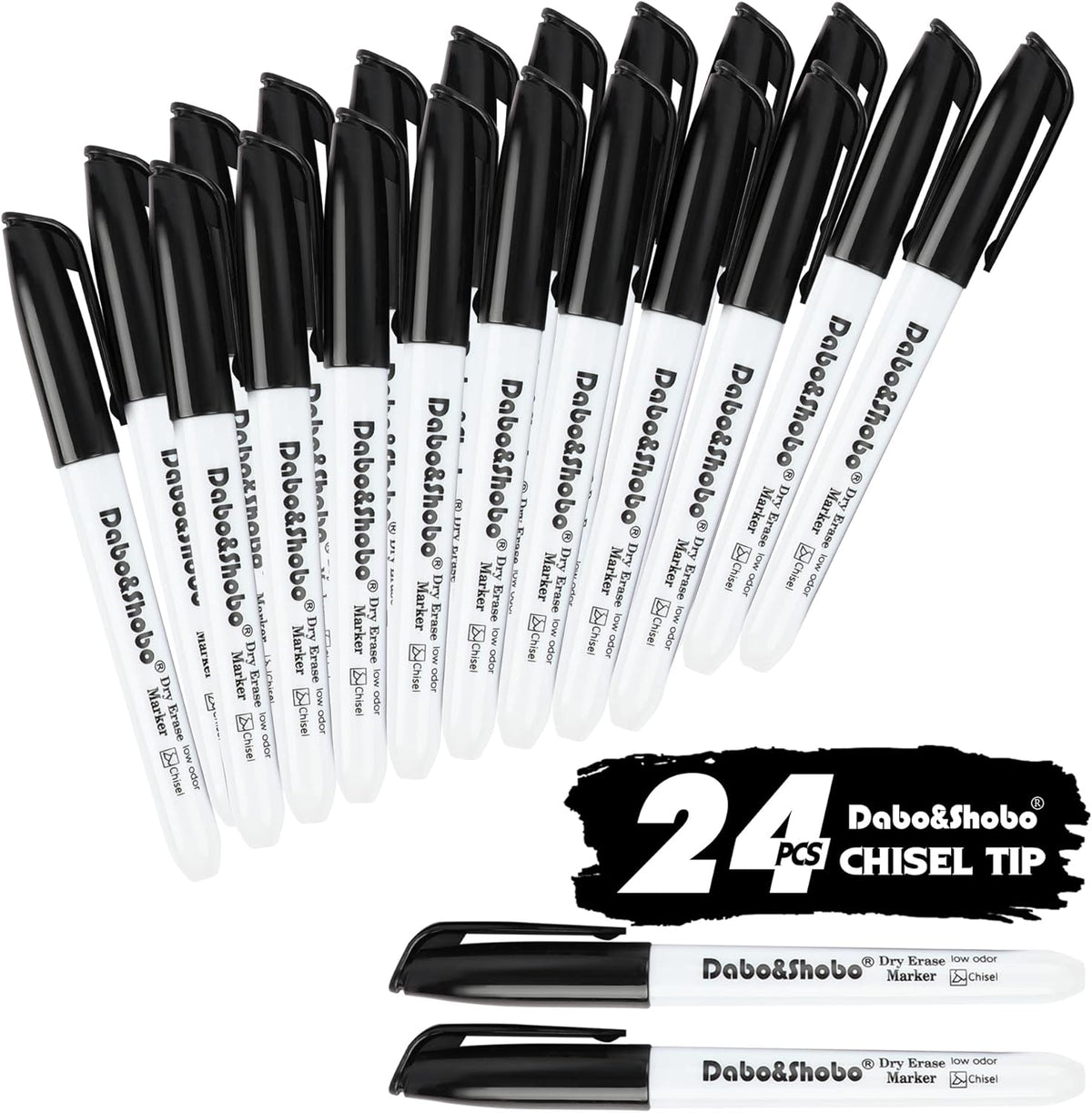 Dabo&Shobo Dry Erase Markers 24 Pack, Low Odor Black Whiteboard Markers, Chisel Tip, Perfect for Writing on Whiteboard Mirrors Glass In School, Office&Home…