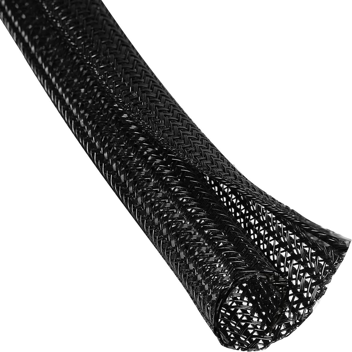 25ft – 1" Split Braided Cable Sleeve – Self-Wrapping Wire Loom Cord Protector for Power Cords, PC, TV, Automotive, and Audio Cable Management – Flexible Cable Organizer – Black