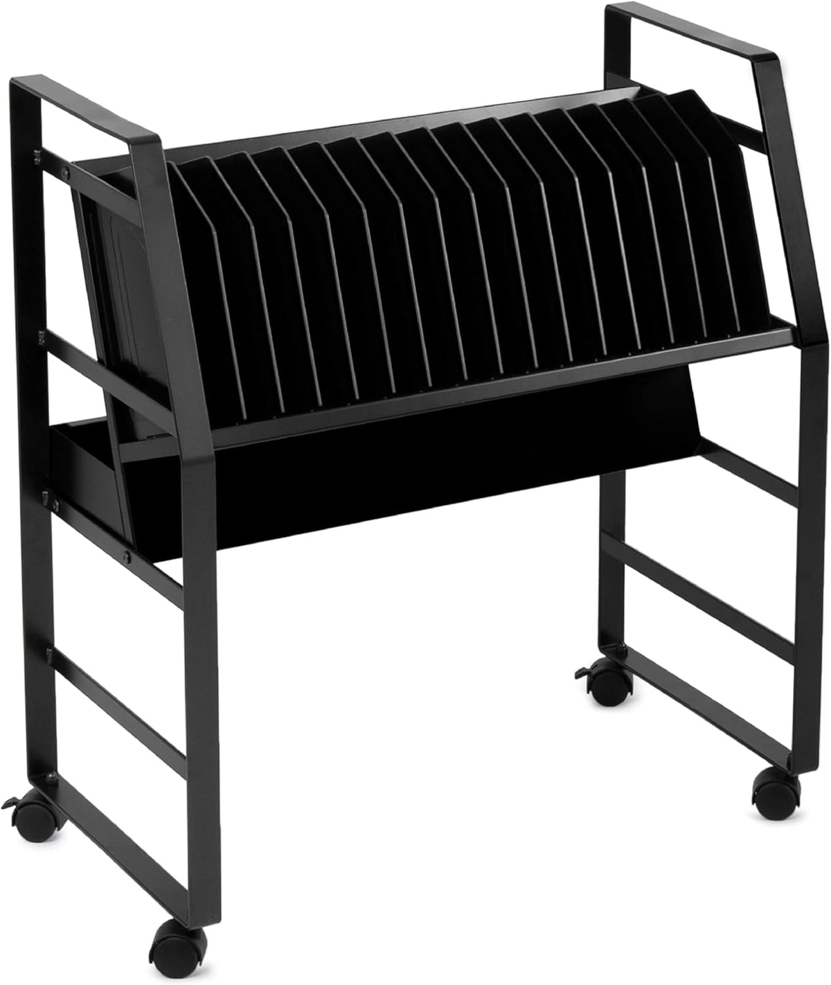 Line Leader 16-Device Mobile Charging Station | Steel Rolling Cart for Laptops, Tablets, & Chromebooks | Open Design with Dividers & UL-Certified Surge Protection | Portable Charging Stand (Black)