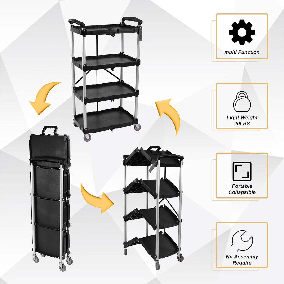 Folding Utility Cart, Portable Collapsible Service, 4 Shelf Heavy Duty Collapsible Tool with Wheels, Suitable for Office Warehouse Home, Black