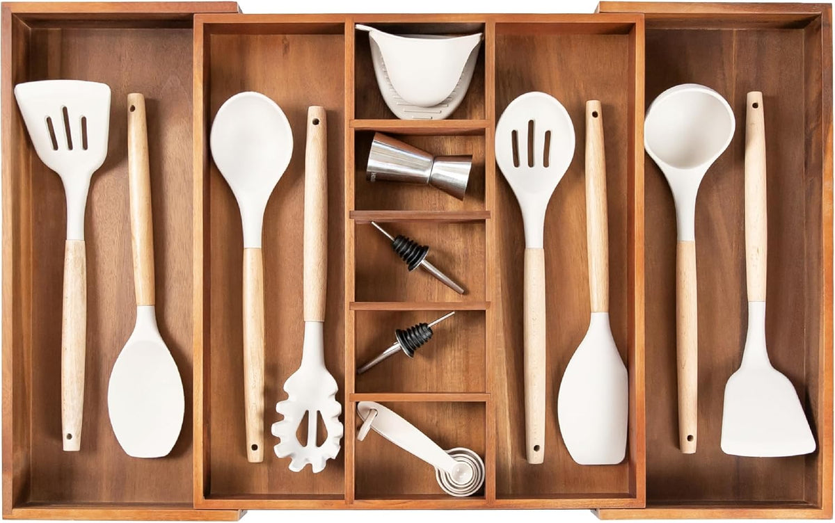 Adjustable Kitchen Drawer Organizer for Utensils and Junk, Food-Safe Contract Grade with 100% Sustainable Wood, Non-Slip, Expandable from 16" to 28" Wide - Natural Acacia
