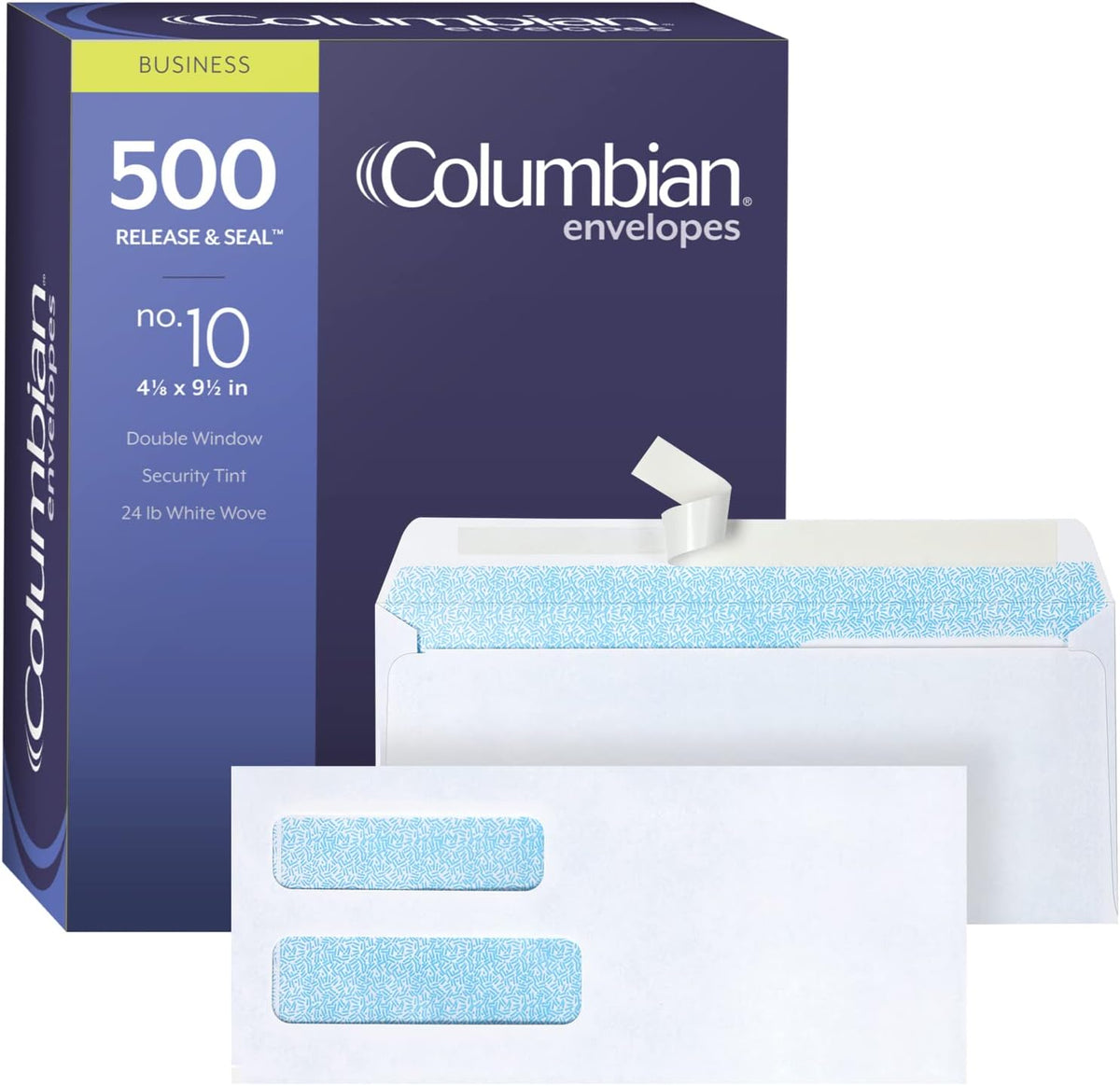 Columbian #10 Double-Window Self Seal Security Tint Envelopes, 500/Box, 24lb White Wove, 4-1/8 x 9-1/2 Inches (COLO132)