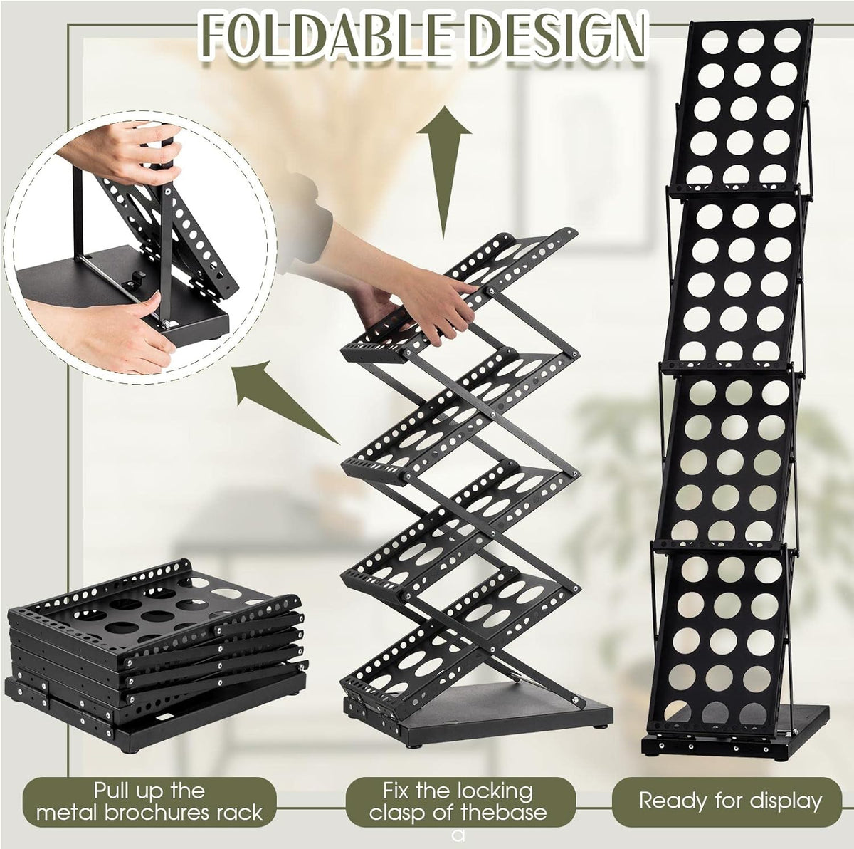 Tatuo 1 Piece Foldable Magazine Rack Metal Catalog Literature Rack Portable 4 Pockets with Carrying Bag Brochure Stand Literature Display Holder Stand for Exhibition Trade Show