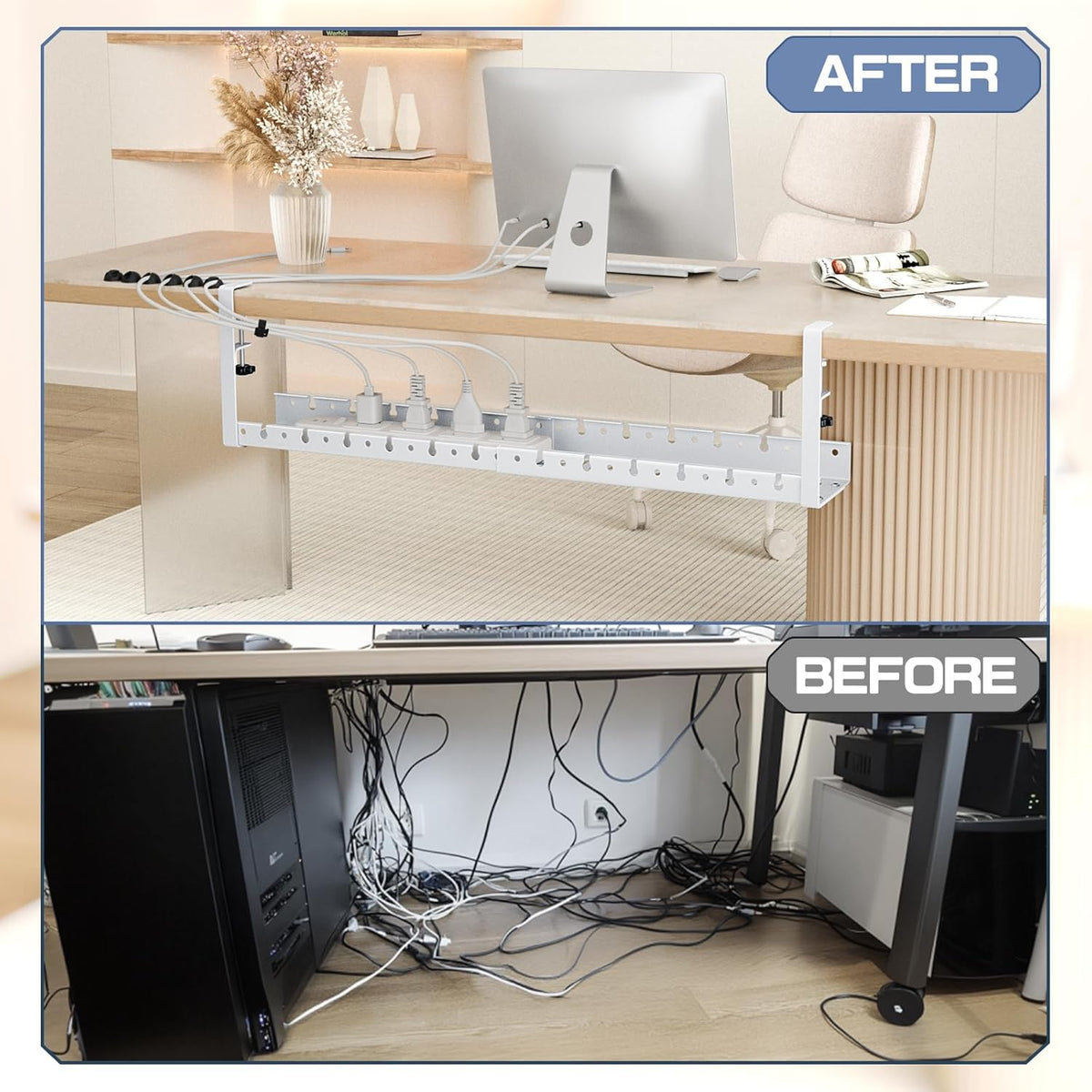 Shikha Under Desk Cable Tray, 15.7"-30.7" Retractable Under Desk Cable Management, No Drilling Cord Organizer with Clamp, Wire Management for Home Office -White
