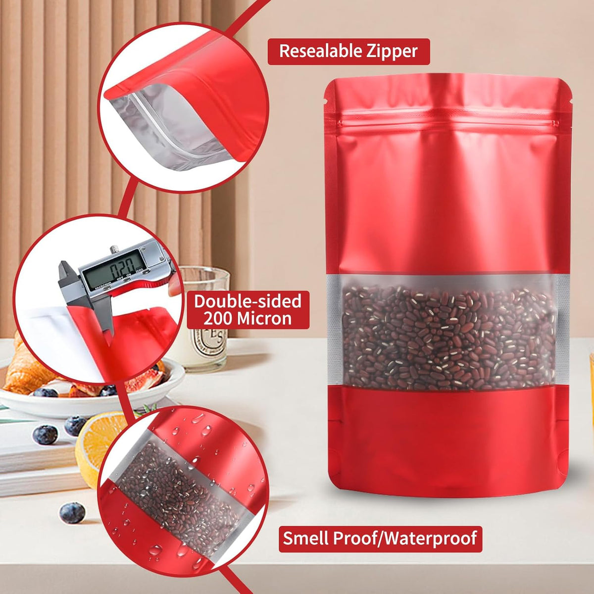 100 Pack Smell Proof Bags, Resealable Red Mylar Bags with Matte Window, Foil Pouch Stand Up Sealable Bags for Packaging, 6.29 × 9.44 Inch