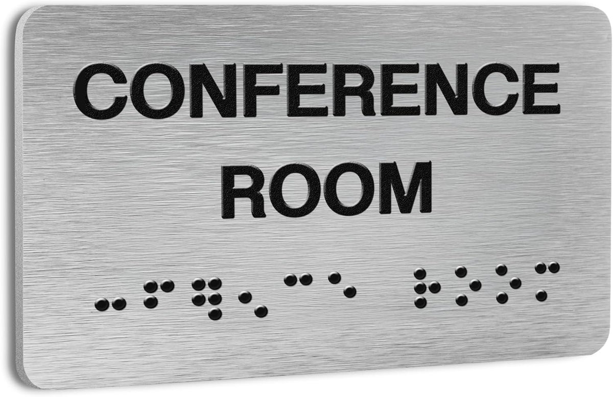 Conference Room Signs for Business and Office Sign, ADA Signs with Raised Text & Grade 2 Braille, Easy Installation with Adhesive Pad – Brushed Aluminum/Silver