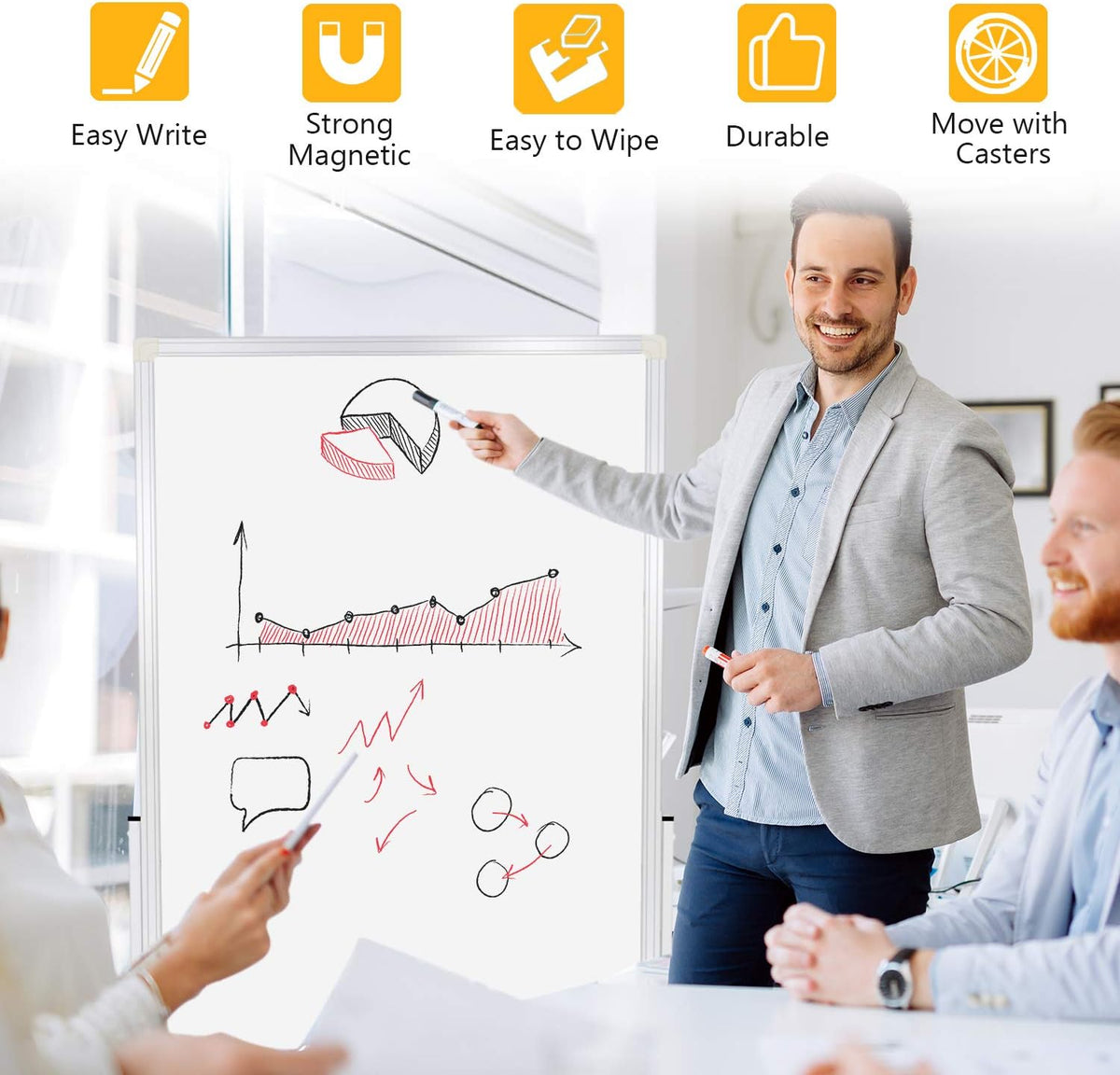 H-Qprobd 24"x36" Dry Erase Board with Stand - Adjustable Height Double Side Mobile Magnetic Rolling Whiteboard on Wheels for Home, Office & School