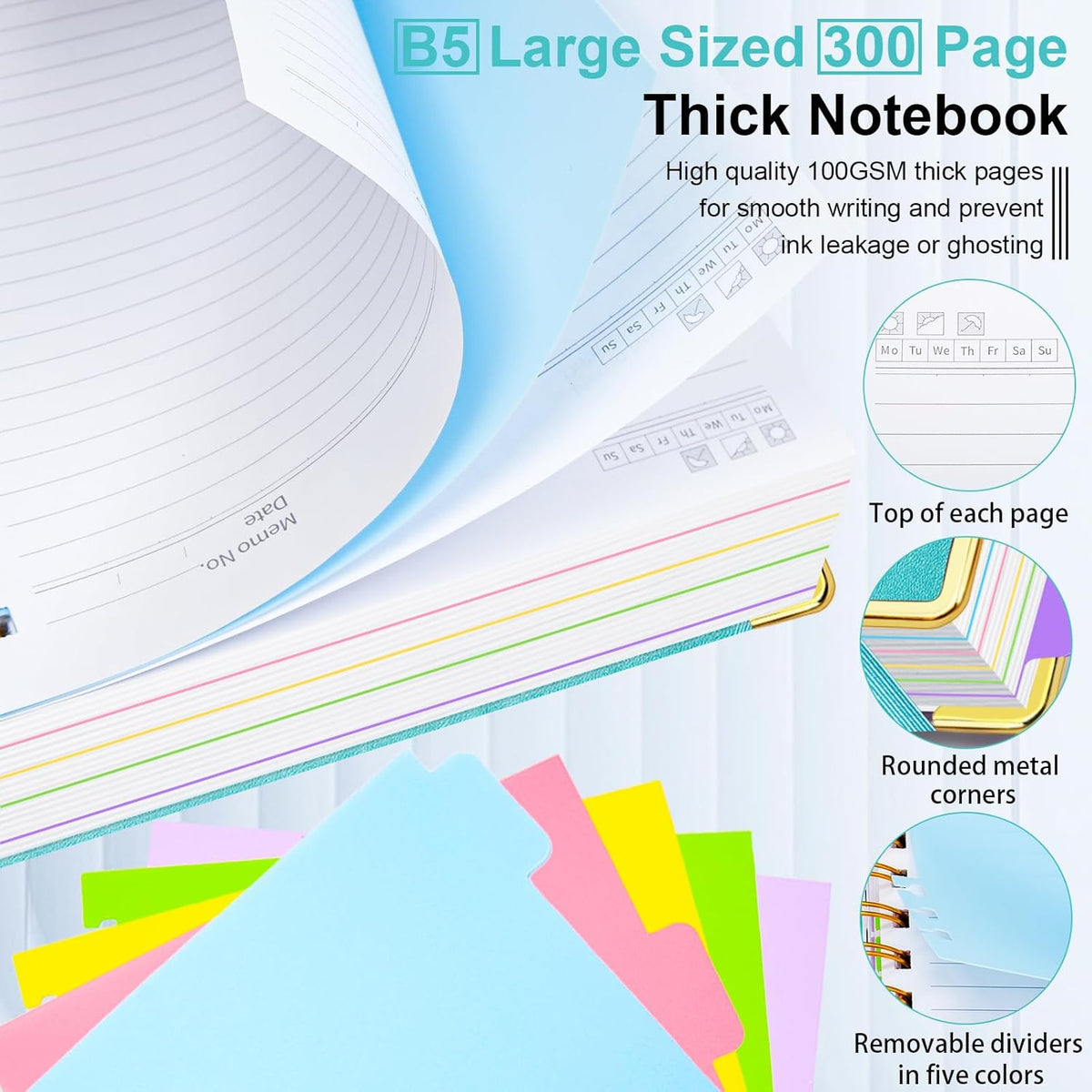 Hardcover Spiral Notebook 8"x10" Journal Notebook with Tabs and Removable Dividers 300 Pages 5 Subject Notebook College Ruled, Faux Leather Spiral Bound Notebook for Women, Students, School Work (Blue)