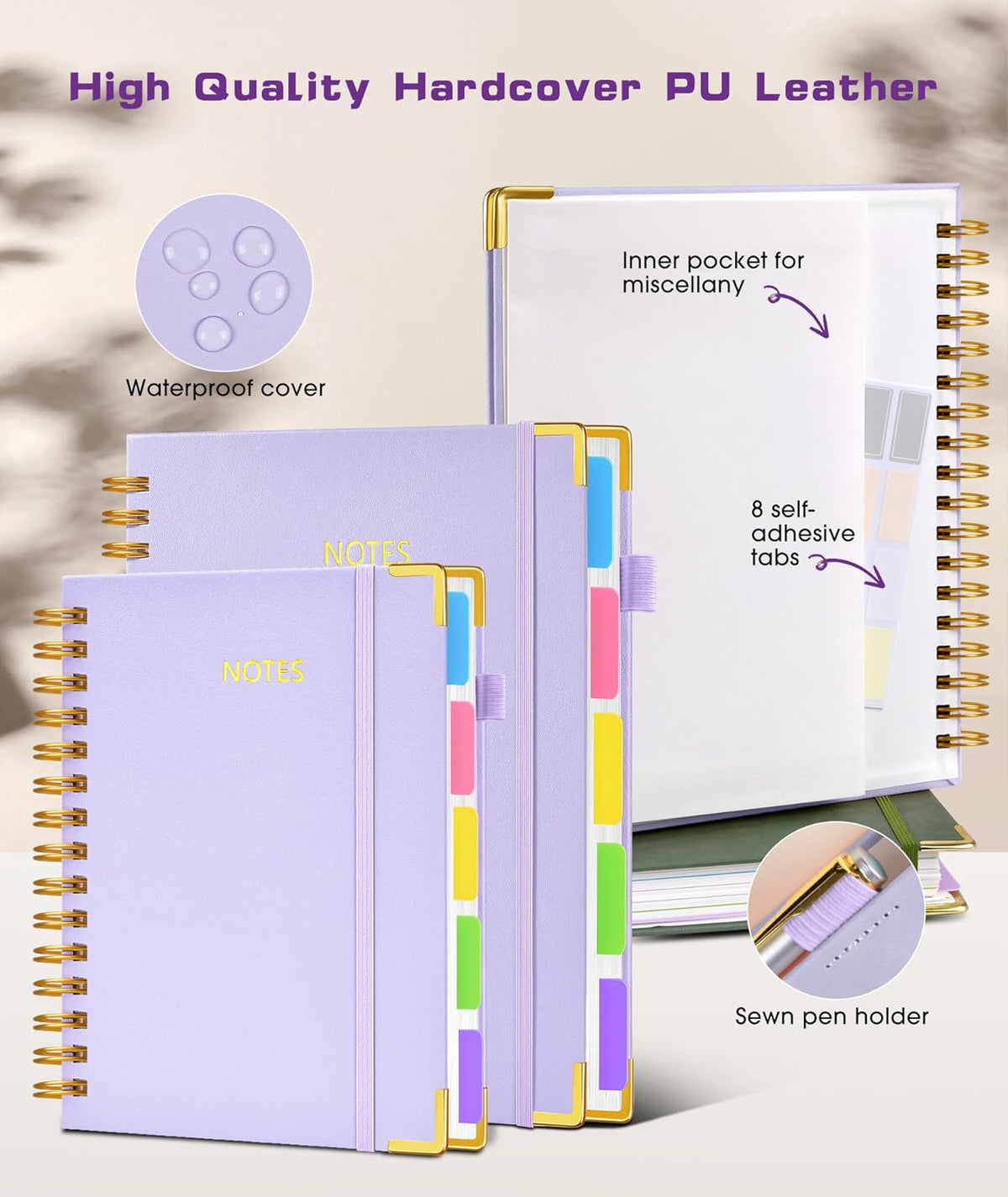 Hardcover Spiral Notebook journal with Removable Dividers Tabs, 300 Pages Leather 5 Subject Notebook College Ruled, 100GMS A5 Notebooks for Work School Note taking,Lined Journal for Women,A5 Purple