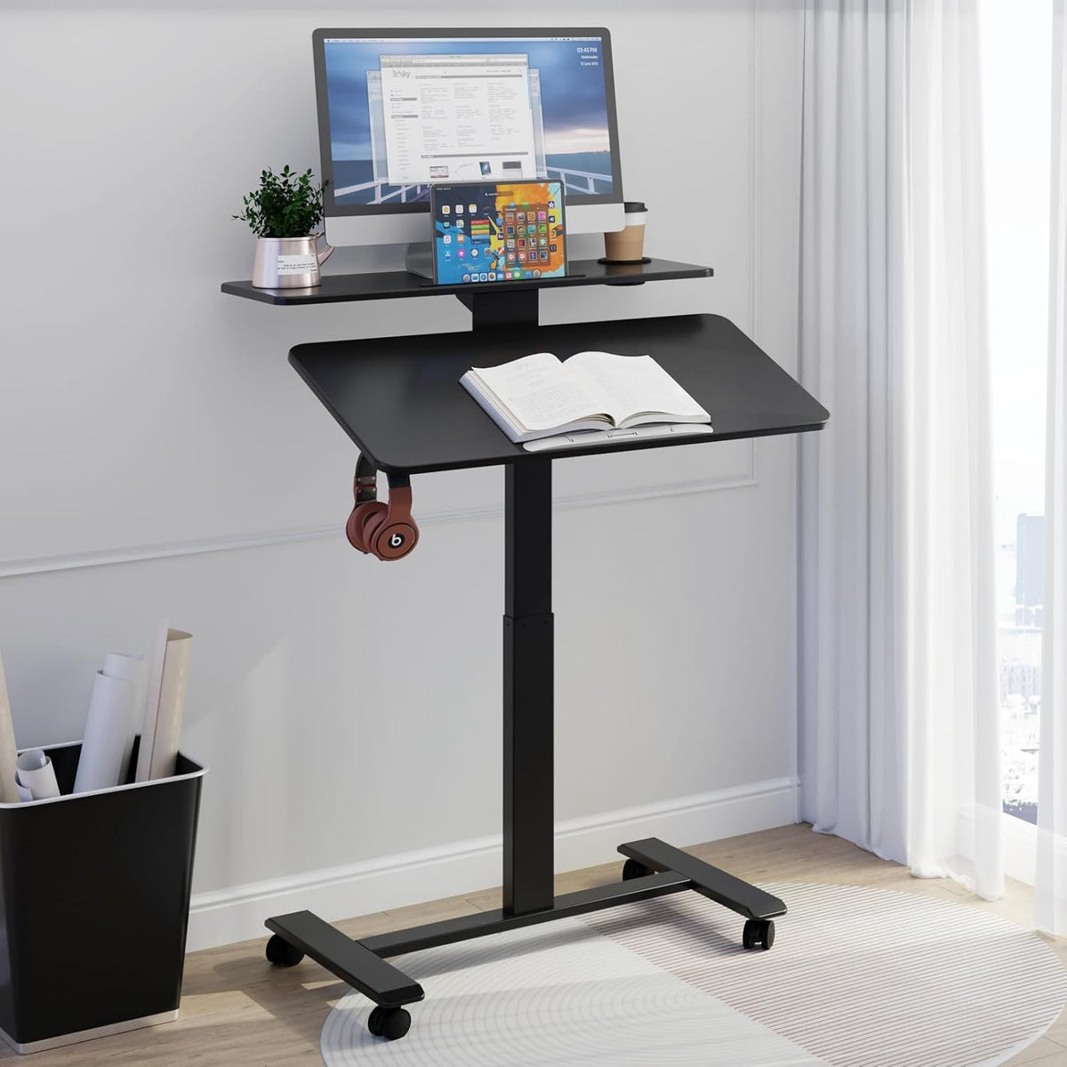 Pneumatic Standing Desk with Wheels - Adjustable Height 28" - 46" & 0-90° Tilt, 31.5" x 17.7" Skin-Feel Desktop, Rolling Computer Desk for Home Office, Hospital, School (Black)