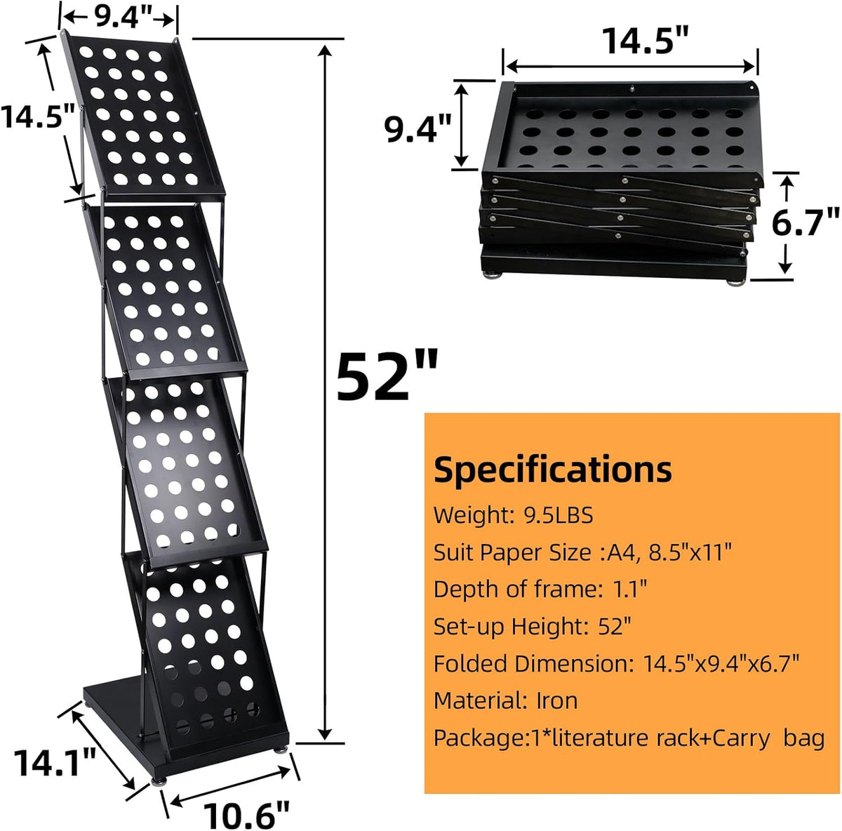 4 Pocket Folding Metal Black Literature Rack with Case Brochure Stand for Trade Show Exhibition Office Retail