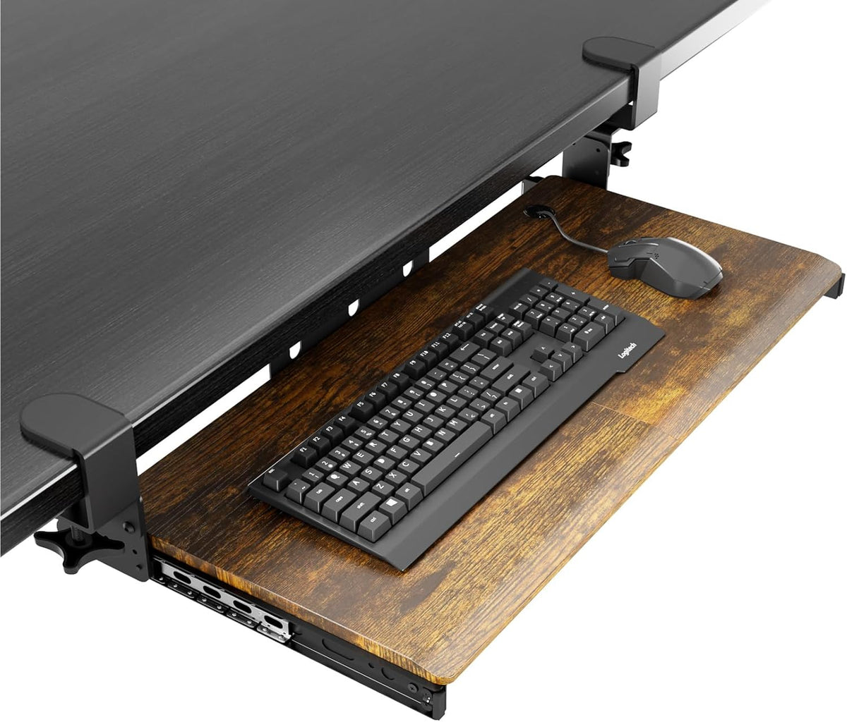 AX WABER Keyboard Tray Under Desk Pull Out with Extra Sturdy C Clamp Mount System, 27.3 (32.5 inch Including Clamps) x 11 Inch Slide-Out Platform Computer Drawer for Typing Vintage AX01WG02