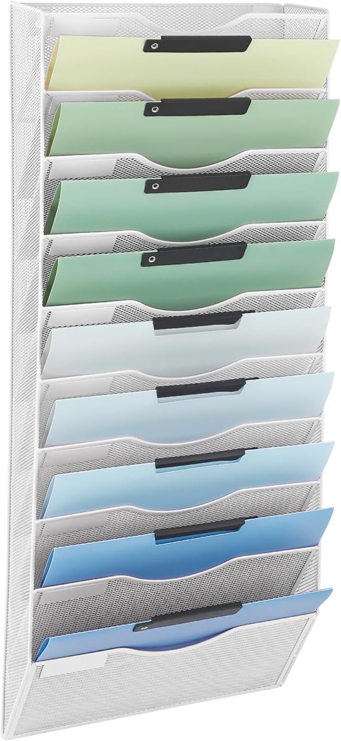 EASEPRES 10 Pocket Mesh Hanging Wall File Organizer, Wall Mounted Mail Paper Document Folder Holder, Clipboard Storage Organization Magazine Rack with Nametag Label for Office Home School, White