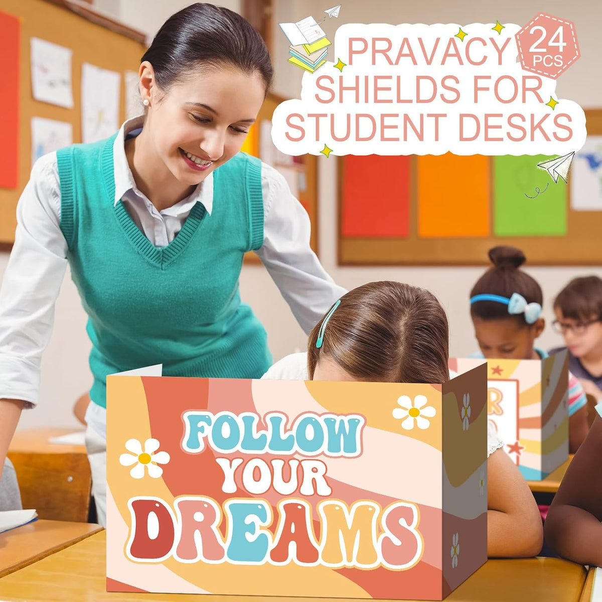 Honoson 24 Pcs Bulk Inspirational Privacy Folders for Students Cardboard Test Privacy Boards Motivational Words Desk Dividers Shield for Classroom School Study Supplies, 6 Styles(Groovy)