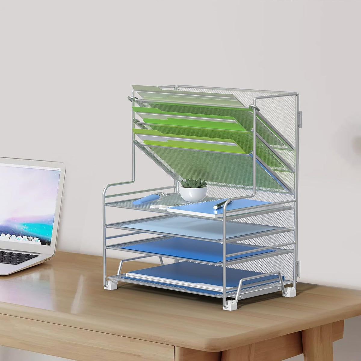 4-Tier Paper Organizer + 3-Pocket File Holder + Drawer + Pen Holders, Desktop File Organizers Paper Tray for Office Supplies School Classroom Organization (Silver, with Drawer & Pen Holder)