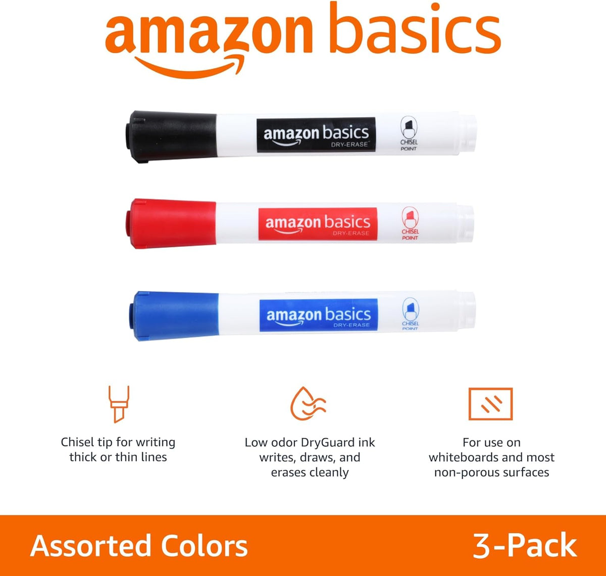 Amazon Basics Dry Erase Markers For Whiteboards, Chisel Tip, Low-Odor, Black, Red, Blue, Pack of 3