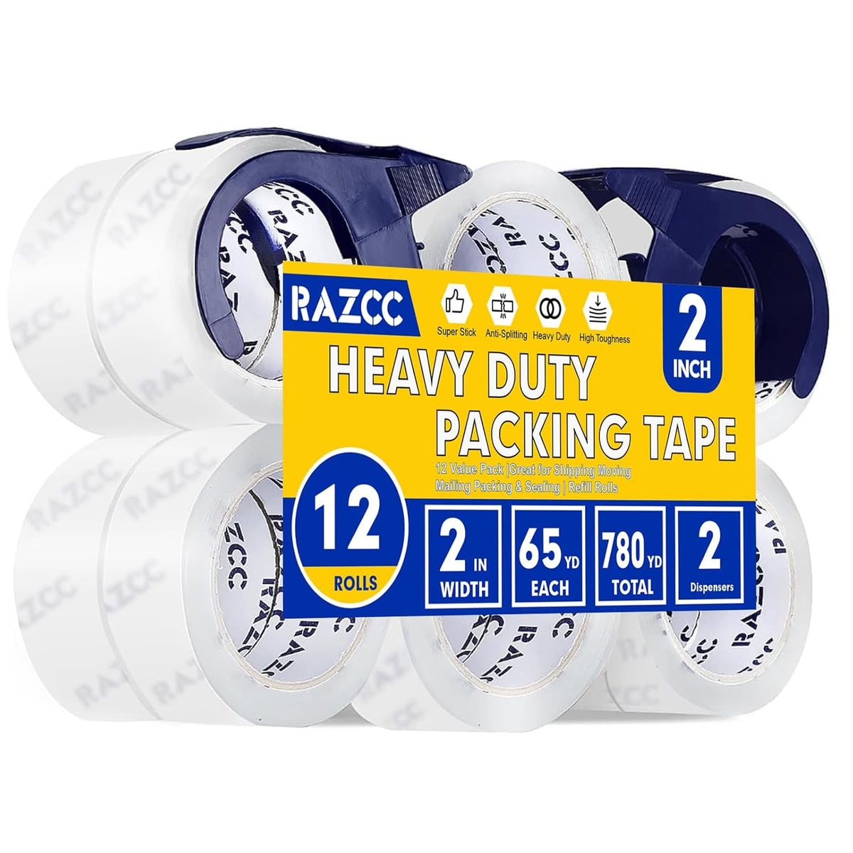 Clear Packing Tape, 12 Rolls Heavy Duty Packaging Tape with Dispensers for Packing Shipping Moving and Sealing, Thicker Packing Tape-2" x 65 Yards Per Roll, 780 Total Yards