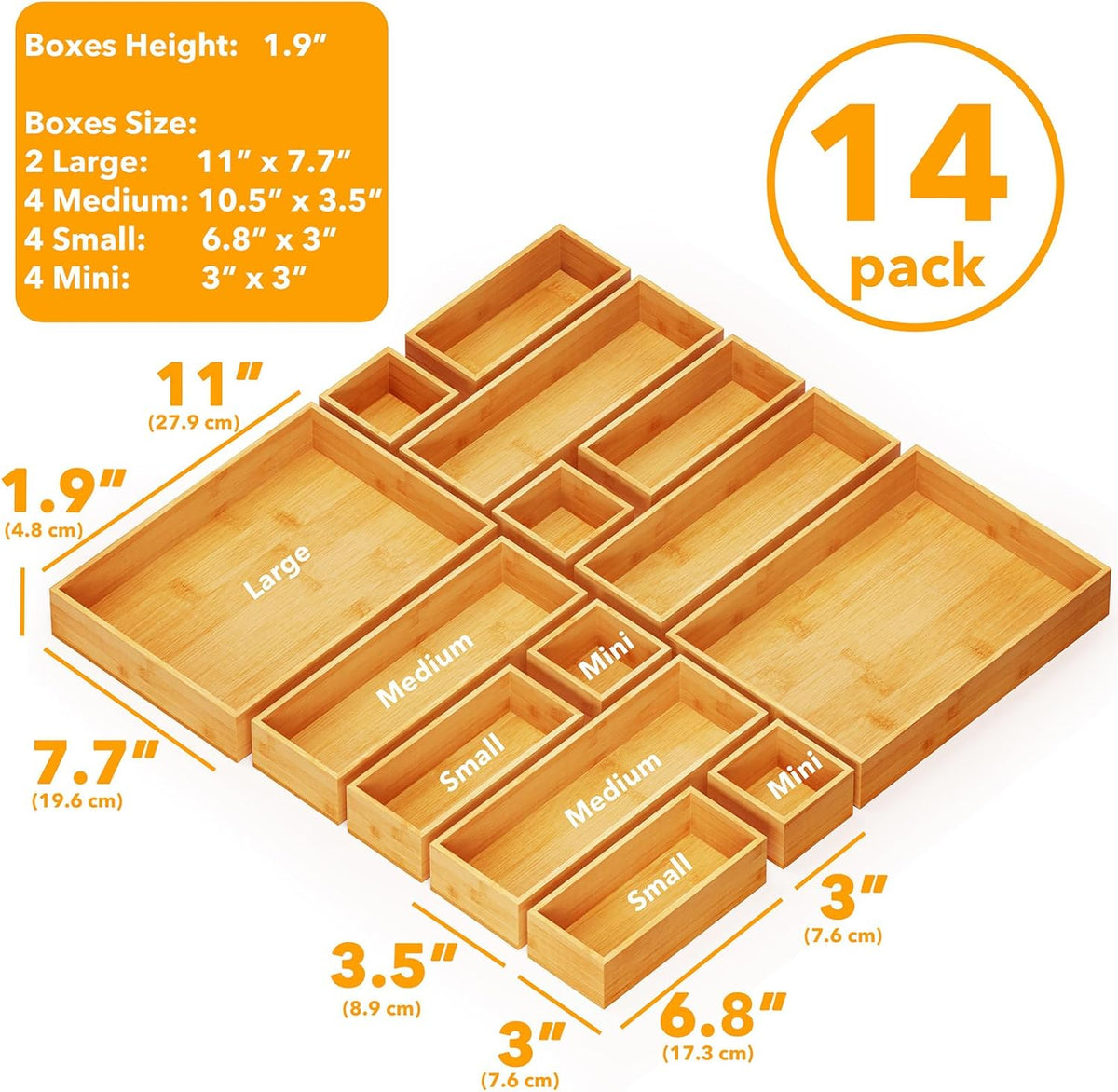SpaceAid 14-Piece Bamboo Drawer Organizer Storage Boxes Set, Wood Tray Junk Drawer Organizers Multi-Use Divider Bins for Kitchen, Bathroom, Office Desk and Makeup Organization (14 Pack, Natural)