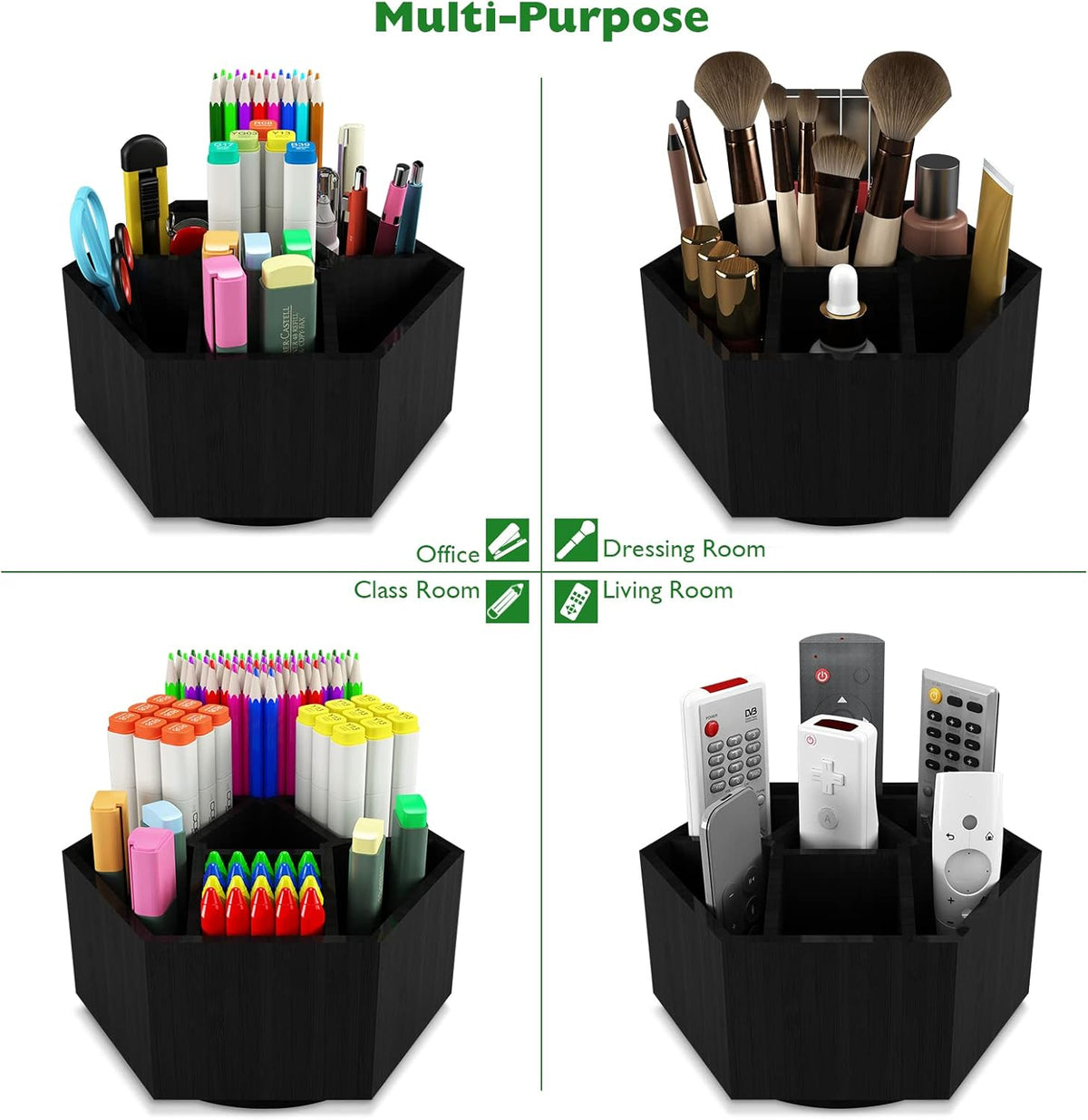 Art Caddy Organizer for Kids, Bamboo Pencil Organizer with 7 Large Compartment, Pen Storage Organizer, Marker Holder, Desk Caddy holds 325+ pencils, Education Supplies & Craft Supplies, Black
