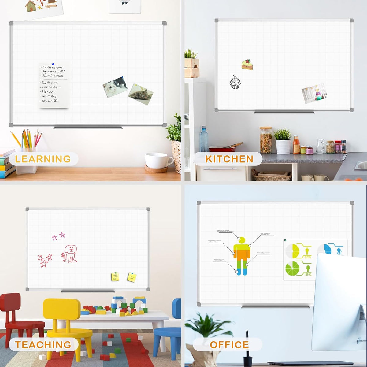 JILoffice Magnetic Dry Erase Planning Board, Grid Pattern White Board 36 x 24 Inch, Silver Aluminum Frame with Detachable Marker Tray for Office School and Home