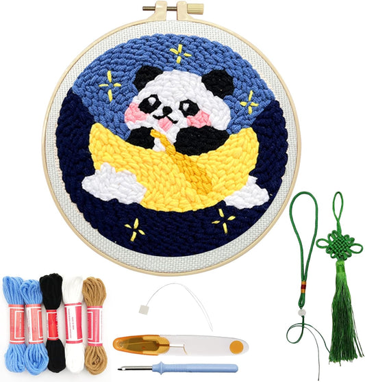Danvk Panda Punch Embroidery Kit with Embroidery Fabric, Hoop,Scissor,Punch Needle and Yarns, Hand Craft Gift,DIY Embroidery Kits, Hand Punch Needle Kit for Women and Kids Beginners(Panda-Hanging)