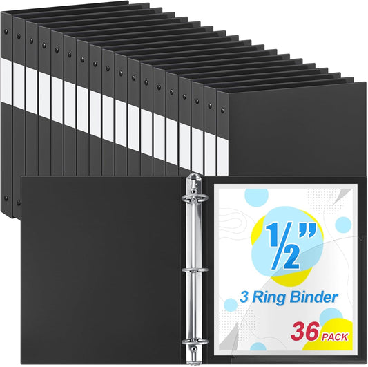 Henoyso 36 Pcs 3 Ring Binder 1/2'' Round Fits Letter Size 8. 5'' x 11'' Paper Plastic Flexible Binder Holds 100 Sheets with 1 Pockets Versatile Organizer for Office Home School (Black)