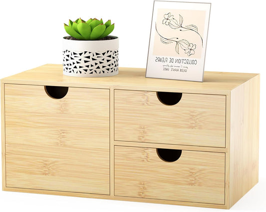 Bamboo Desk Organizer with Drawers - Small Desktop Countertop Mini Tabletop Storage Container - No Assembly Required