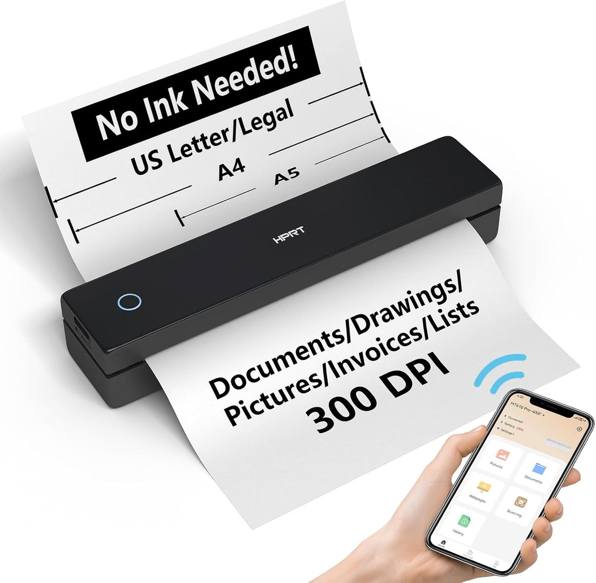 Portable Printer Wireless for Travel, Small Bluetooth Thermal Inkless Printer Support 8.5×11" US Letter Thermal Paper, Mobile Printing for Office, Car, Home, Compatible with iOS, Andorid & Laptop
