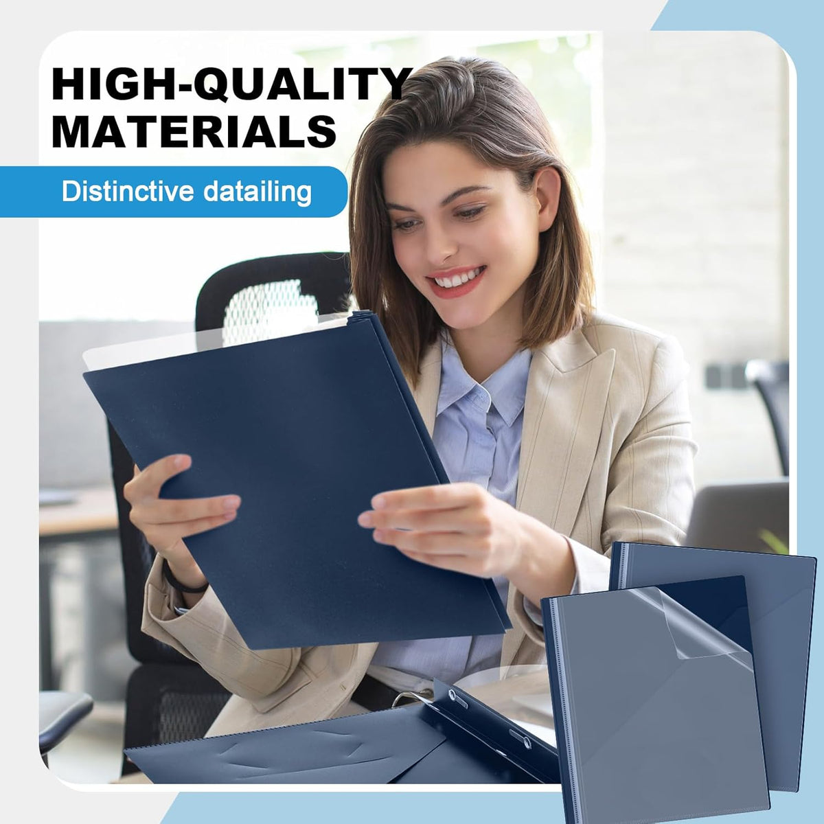 Teling 48 Pack Clear Front Report Covers with 3 Prongs Fasteners, 11.42 x 9.45 Inch Plastic Presentation Folders Bulk, 90 Sheet Capacity, Book File Covers for Office School Business, Navy Blue