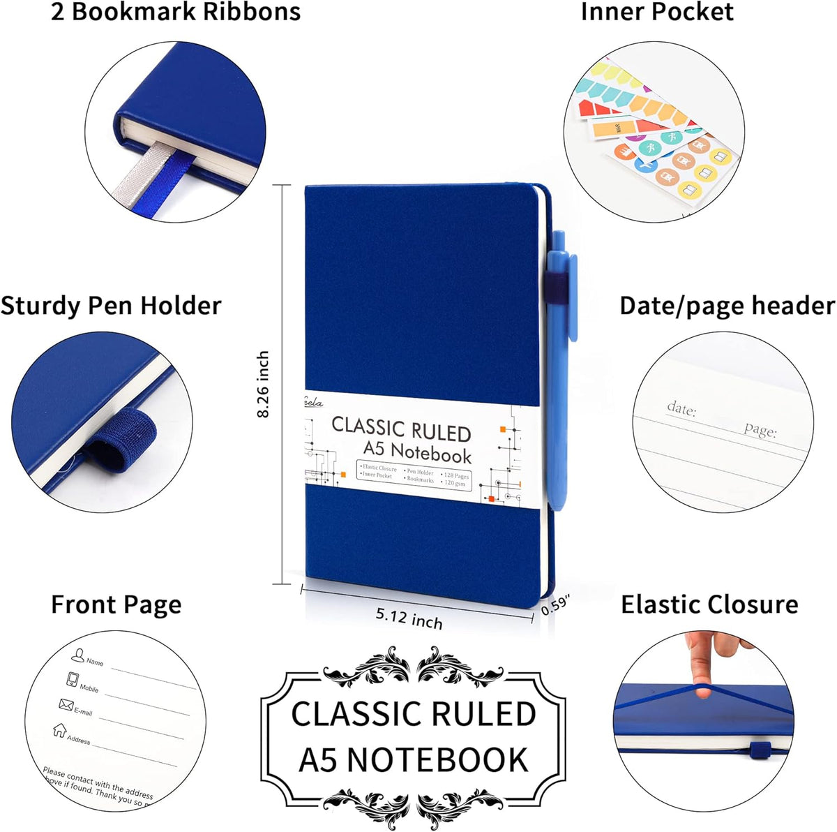 12 Pack Notebooks Journals Bulk with 12 Black Pens, Feela A5 Hardcover Notebook Classic Ruled Journal Set with Pen Holder for School Business Work Travel Writing, 120 GSM, 5.1”x8.3”, Navy