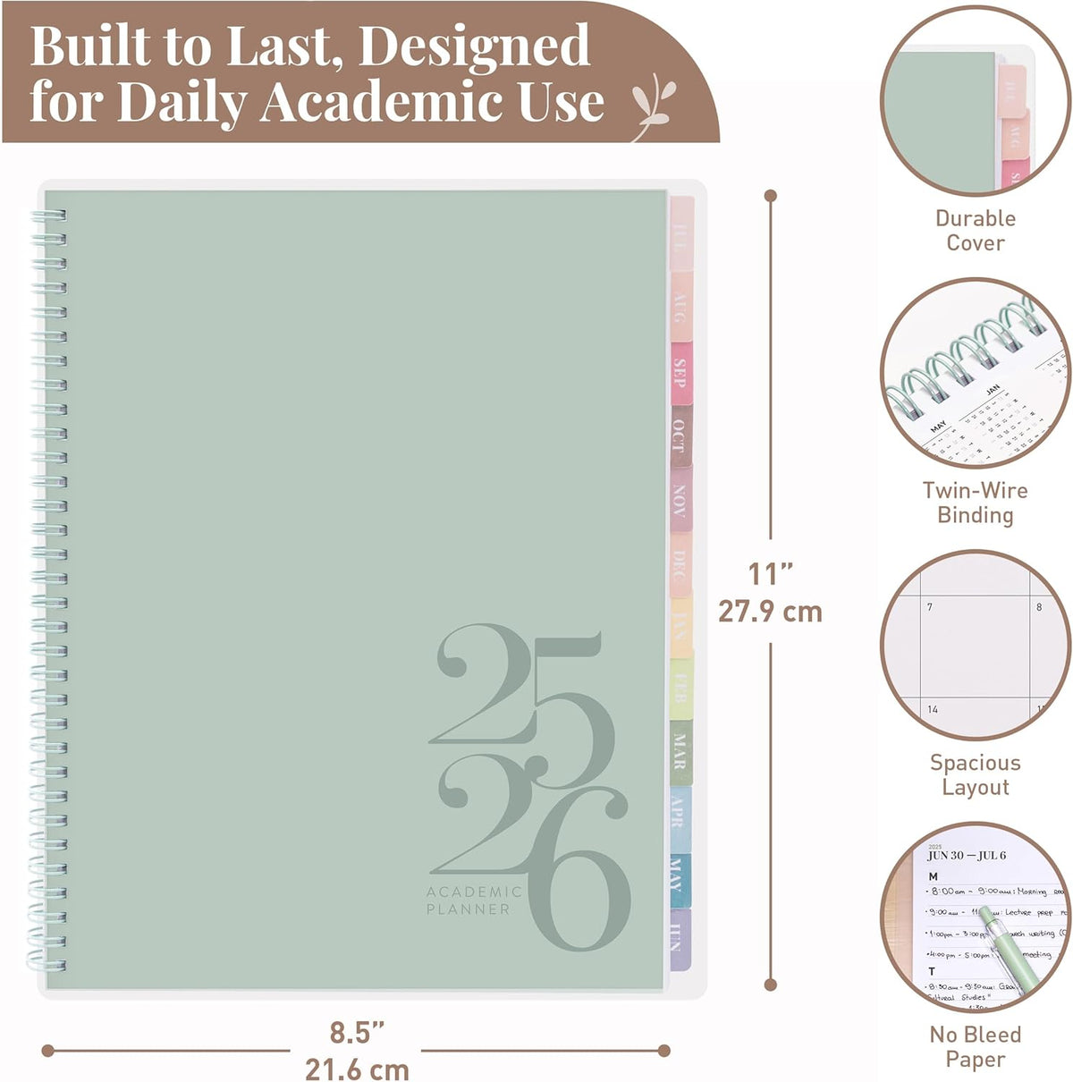 Rileys Academic Planner 2025-2026, Daily, Weekly & Monthly Planner, July 2025 - June 2026, Student Notes Pages, Twin-Wire Binding, Weekly Agenda for School & Work (8.5 x 11-Inches, Green, Classic)
