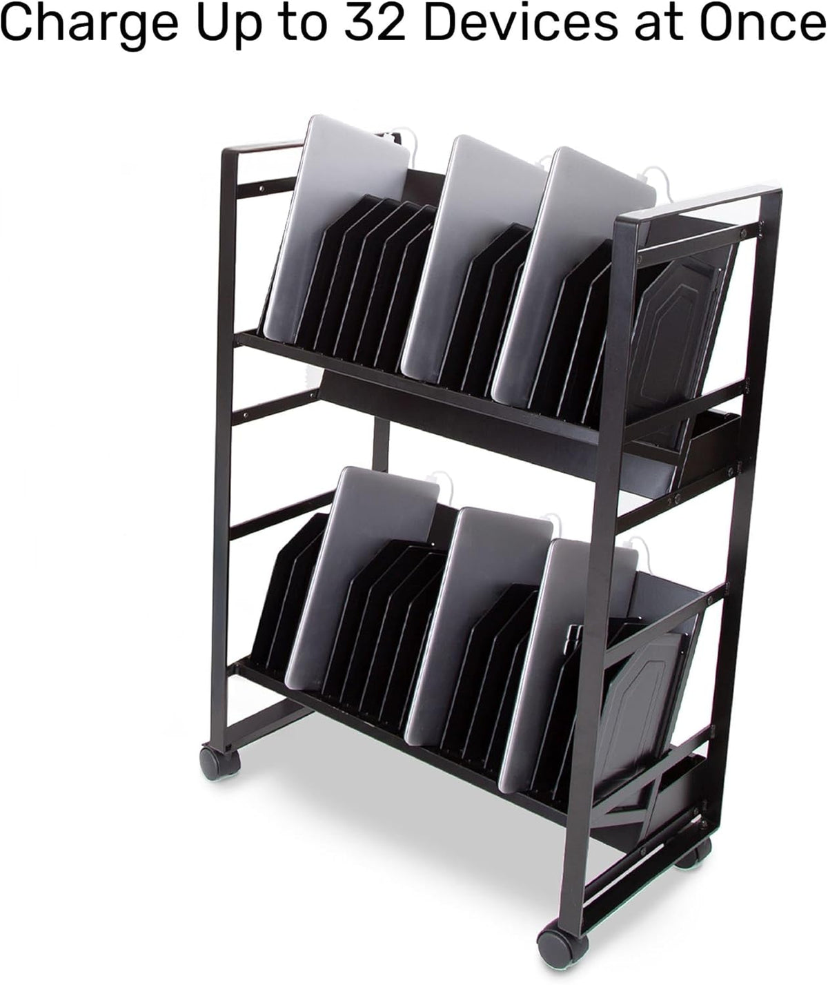 Line Leader 32-Device Mobile Charging Station | Steel Rolling Cart for Laptops, Tablets, & Chromebooks | Open Design with Dividers & UL-Certified Surge Protection | Portable Charging Stand (Black)