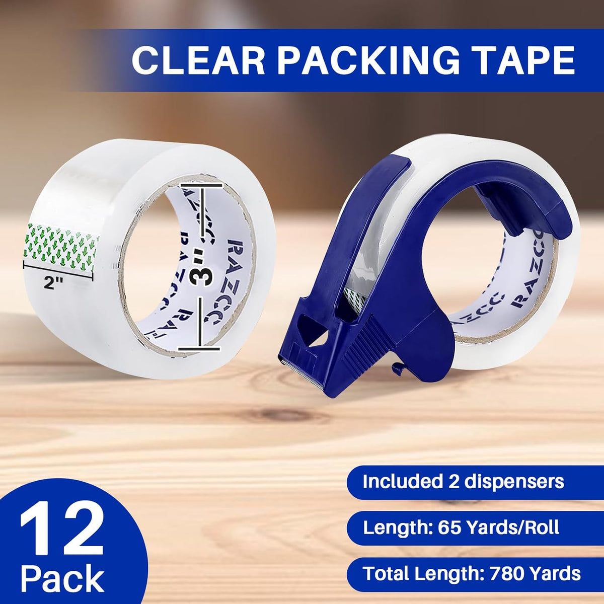 Clear Packing Tape, 12 Rolls Heavy Duty Packaging Tape with Dispensers for Packing Shipping Moving and Sealing, Thicker Packing Tape-2" x 65 Yards Per Roll, 780 Total Yards