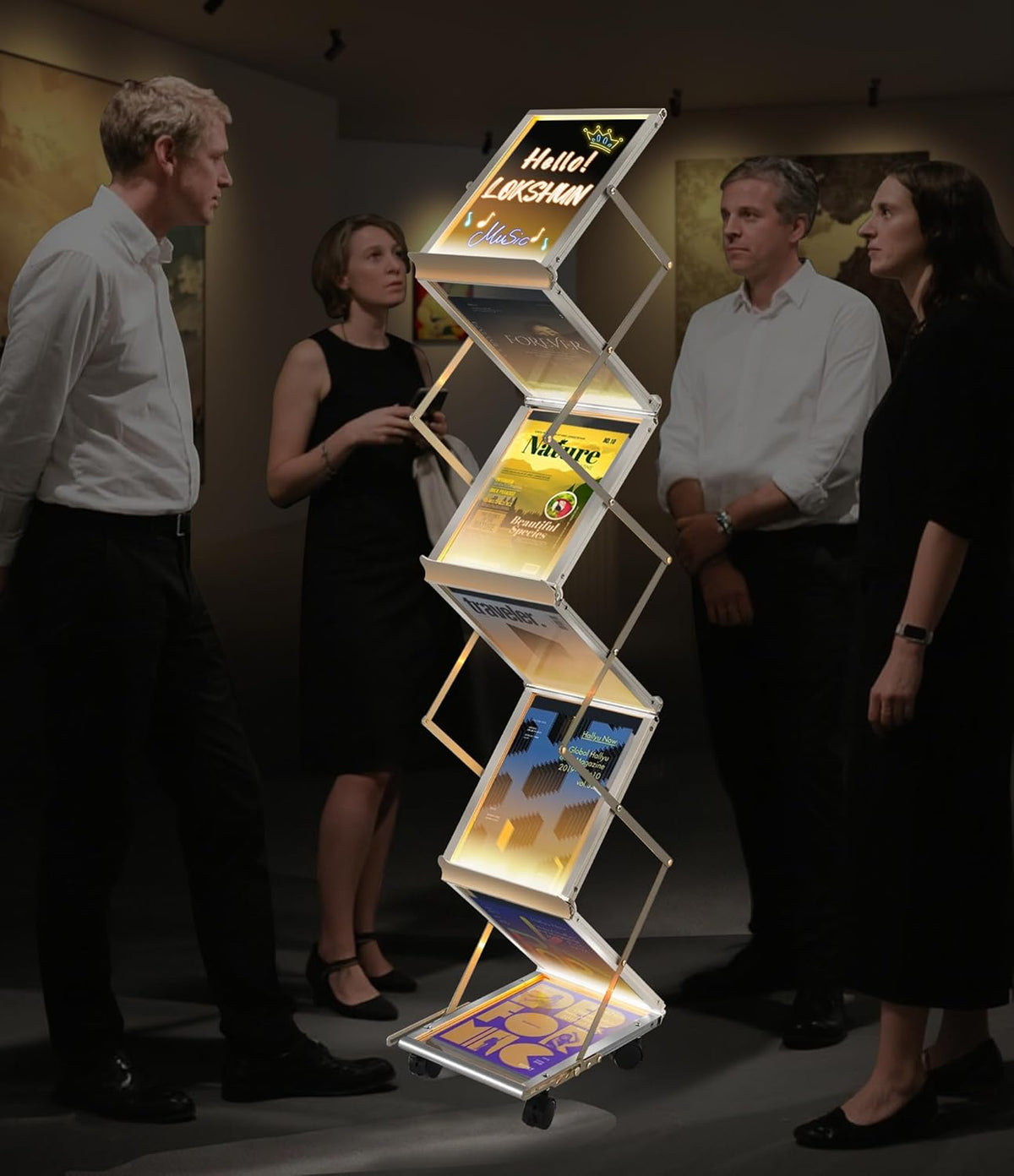 LED Magazine Rack Floor, Sleek Brochure Display with LED Message Writing Board, Mobile Magazine Holder for Trade Shows/Exhibition/Office/Restaurant/Menu Sign with Pens