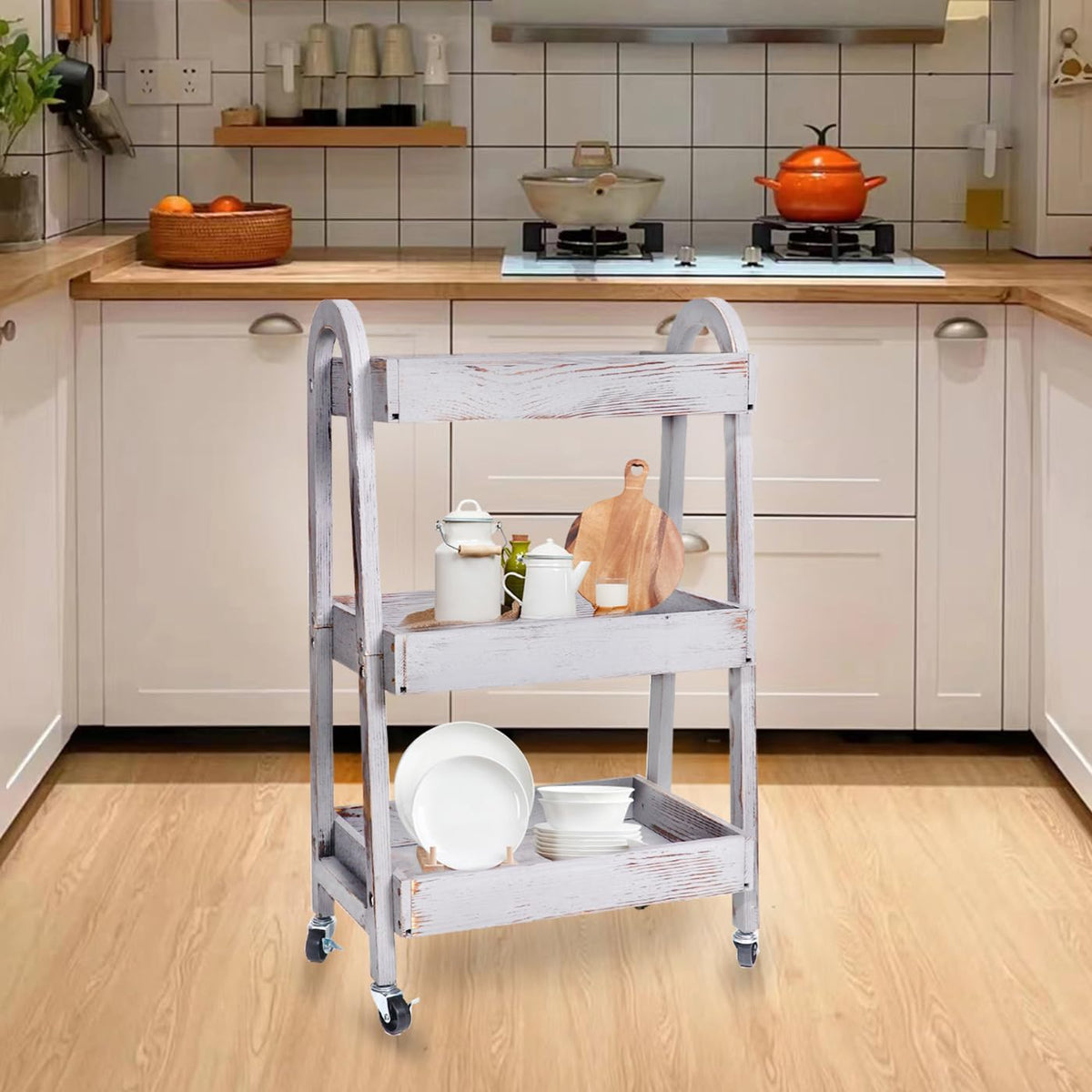 3-Tier Rolling Utility Cart with Lockable Wheels Storage Slim Storage Heavy Duty Cart Mobile Shelving Unit Craft Narrow Organizer for Bathroom Laundry Kitchen (Vintage Grey)