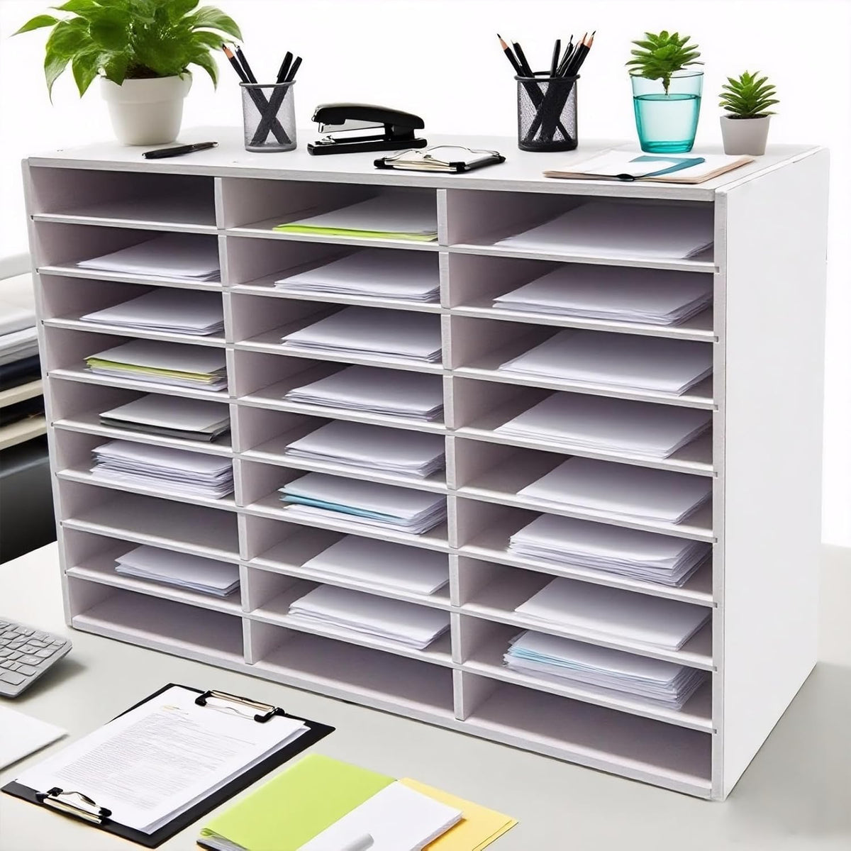 Literature Organizer - 27 - Slot Desktop File Sorter & Mail Center, Paper Storage Cabinet for Home, School & Office（White）