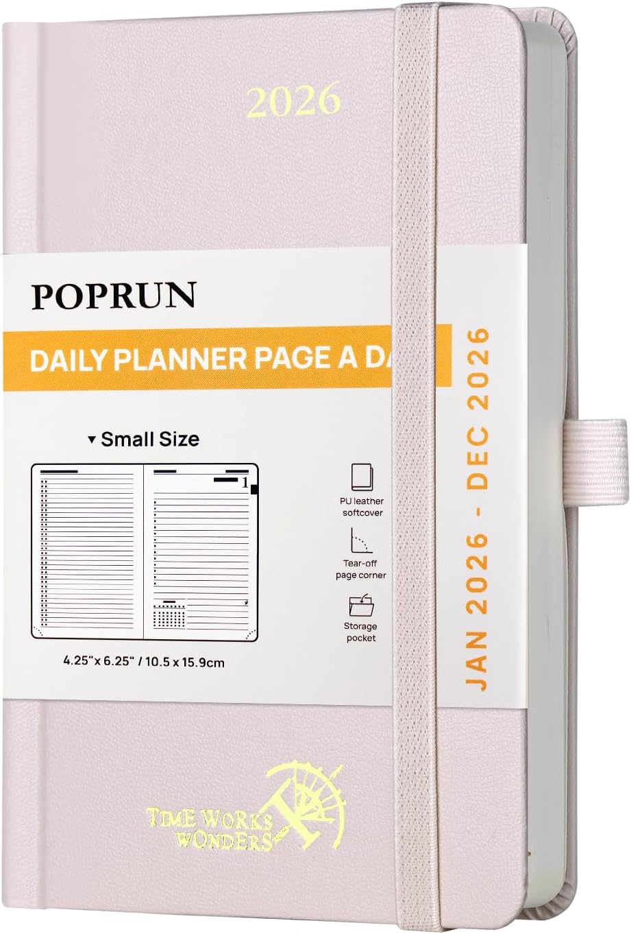 POPRUN 2026 Daily Planner One Page Per Day A6 Size Calendar (4.25" x 6.25") - 12 Months Hourly Appointment Book with Hardcover, Monthly Tabs, Pocket, Pen Holder - Light Pink