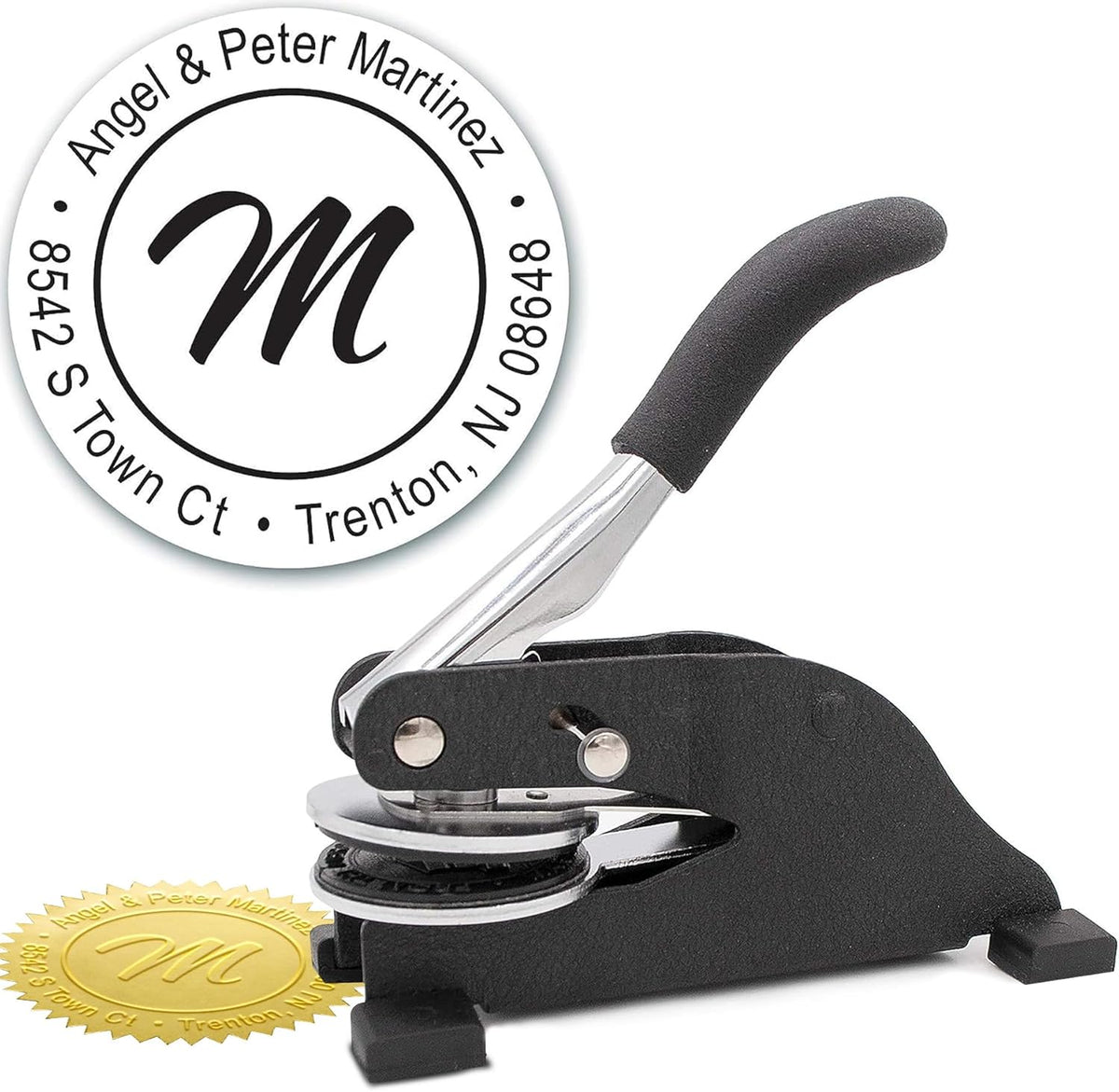 Custom Monogram Address Desk Embosser - Personalized Round Seal with 50 Gold Seal Labels - Style EMD-020