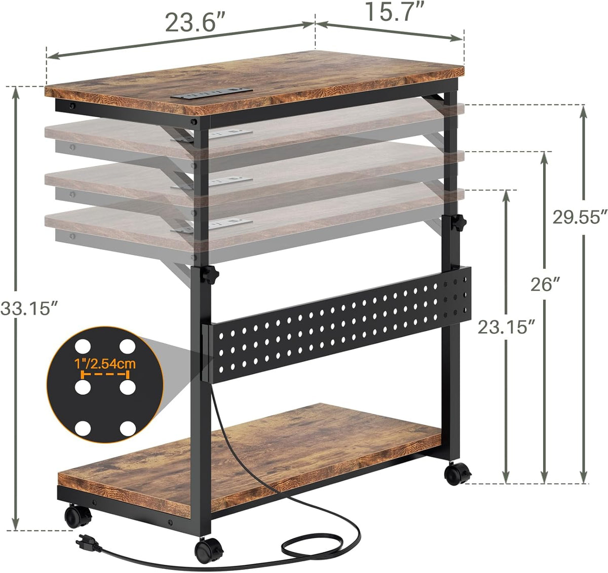 Computer Tower Stand with Power Strips, 4 Levels Manual Height Adjustable PC Tower Stand for Under Desk, Mobile Rolling CPU Holder, Computer Cart with Wheels, 24", Rustic Brown