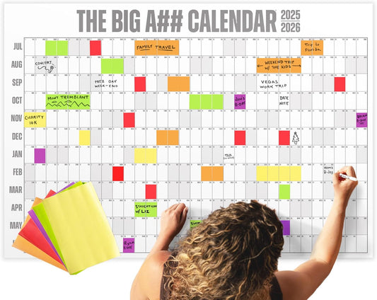 The Big A## Calendar Mid-Year Wall Planner – July to June Dry-Erase – Includes 1 Markers & 100 Labels – Lightweight, Easy to Hang Yearly Planner – Plan Goals & Adventures – Gray, 4’x3’