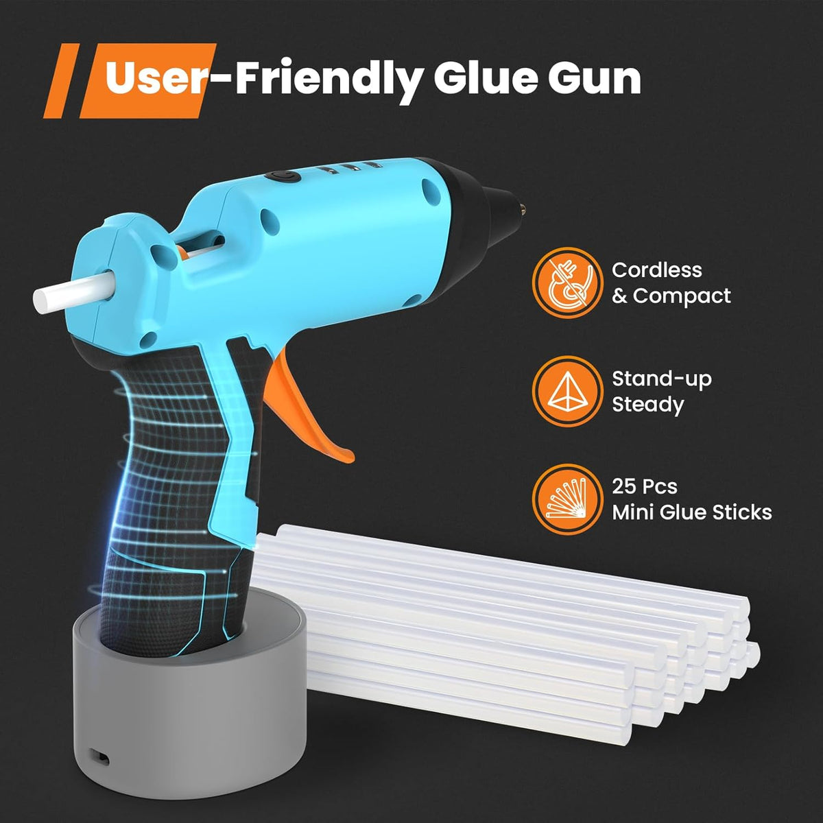 GoGonova Cordless Hot Glue Gun, 15s Fast Preheating with 2Ah Built-in Battery Hot Melt Glue Gun, Smart Power-Off, Kit with 25 Pcs Premium Mini Glue Sticks and USB-C Charging Port