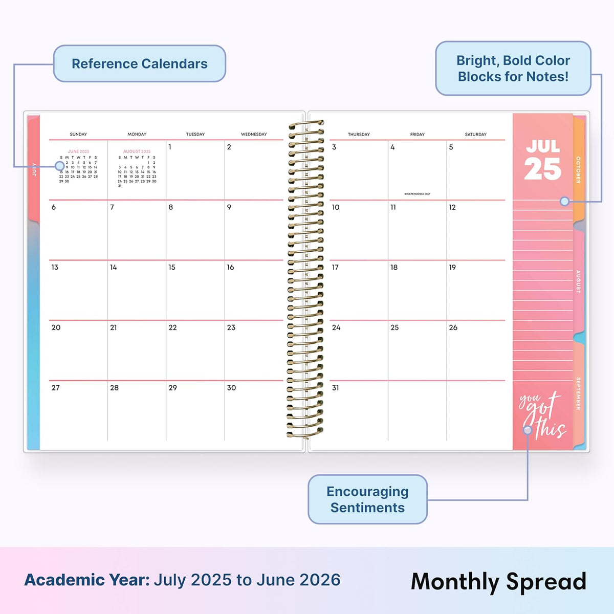 Blue Sky Livewell 2025-2026 Weekly and Monthly Academic Year Planner Calendar, July 2025 - June 2026, 7" x 9", Flexible Cover, Wirebound, Laminated Tabs, Storage Pocket, Includes Stickers, Rainbow